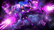 A crazy and cheerful girl with two machine guns shoots with all the guns showing her tongue with a piercing, she is protected by a purple energy barrier, she is wearing a sexy suit and stockings