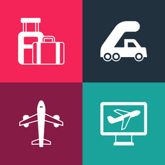 Poster - Set pop art Plane, , Passenger ladder for plane boarding and Suitcase icon. Vector