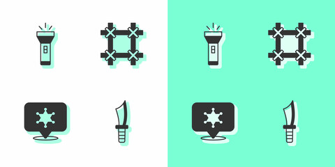 Sticker - Set Military knife, Flashlight, Hexagram sheriff and Prison window icon. Vector