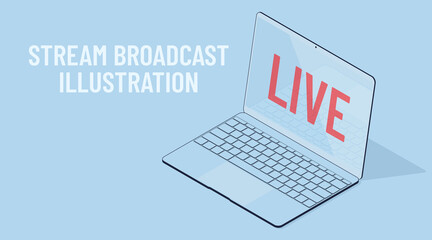 Vector 3d laptop on a blue background. Notebook with mirrored screen keyboard. Stream broadcast isometric vector illustration. Red symbol LIVE.