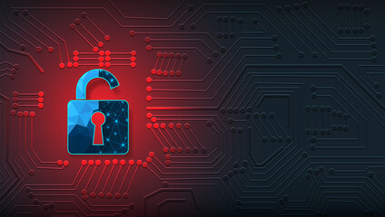 Leinwandbilder - Cyber attack technology concept.Padlock open on digital electric circuit background. Cyber attack and Information leak concept.Vector illustration.EPS 10.