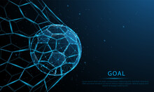 Glowing Blue Soccer Ball In The Goal. Low Polygon, Particle, And Triangle Style Design.Wireframe Light Connection Structure.Goal Setting Concept