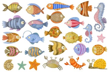 Cute watercolor set of cartoon underwater ocean sea animals, fish.