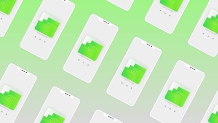 Poster - Rows of smartphone with a folder icons on each screen. Motion. Presentation of a new application for electronic device.