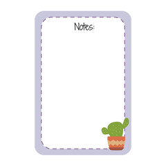 Templates for notes a lilac-colored with potted cuctus. Vector design element of page for a notebook. Checklist with a cactus. Floral sheet with notes