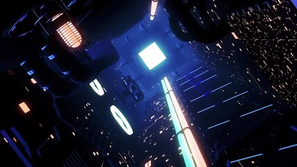 Poster - Alien futuristic spaceship interior with shimmering lights, seamless loop. Motion. Sci-Fi dark corridor with the light in the end of the tunnel.