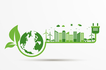 Wall Mural - power plug green ecology city with earth icon. Energy ideas save the world concept. sustainable and environmental friendly. isolated on white background. vector illustration in flat style  design.