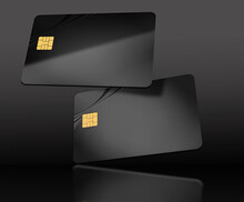 Two Black Generic Credit Cards Or Debit Cards Are Seen Floating In This 3-d Illustration.