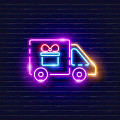 Wall Mural - Gift delivery neon sign. Delivery glowing icon. New Year and Christmas concept. Vector illustration for design.