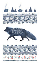 Watercolor Illustration Of Running Fox And National Ornament In Blue Tones On A White Background