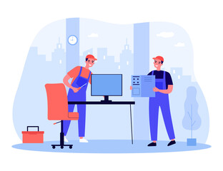 Poster - professional technicians repairing computer in office. men in uniform with repair tools flat vector 