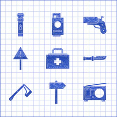 Canvas Print - Set First aid kit, Road traffic signpost, Radio with antenna, Camping knife, Wooden axe, Exclamation mark triangle, Flare gun pistol and Flashlight icon. Vector