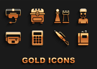 Poster - Set Calculator, Nerd geek, Book, Fountain pen nib, Waist bag of banana, Chess, Virtual reality glasses and Antique treasure chest icon. Vector