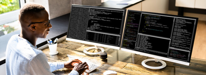 Poster - African American Coder Using Computer At Desk