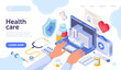 © Rudzhan - Doctors hands typing on laptop surrounded by hospital elements. Concept of modern online healthcare medical services. Website, web page, landing page template. Isometric cartoon vector illustration.
