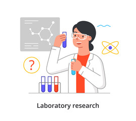 Young female scientist is conducting medical laboratory research on white background. Concept of scientists working on scientific medicine research in modern lab. Flat cartoon vector illustration