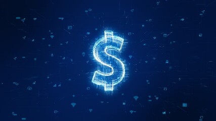 Motion graphic of Blue particle money logo with futuristic technology icon on abstract background