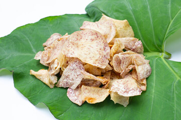 Crispy taro chips on taro leaf