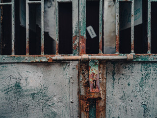 Wall Mural - Closeup shot of a rusty metal door with an aged latch