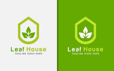 Poster - Simple Green House with Leaf Combination Logo Design.