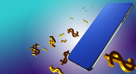 Poster - Cellphone shopping concept. Smartphone next to dollar symbols. Mobile phone mockup with blue screen. Cellphone shopping mockup. Mockup for financial apps. Fin apps ad space. 3d image.