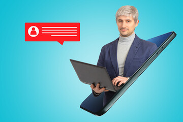 Poster - Business correspondence. Concept of business chats in smartphone. Businessman near chat cloud. Business chat correspondence. Chat application for phone. Man in smartphone on turquoise background