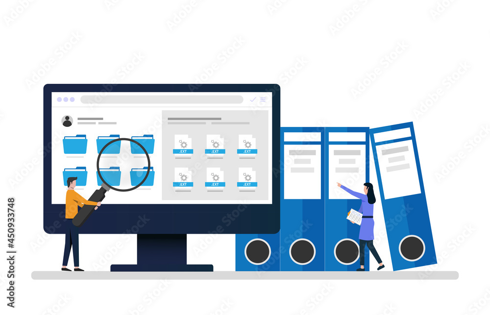 Employees searching and indexing file documents. File manager and data ...