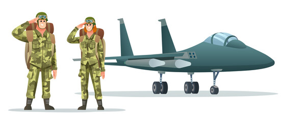 Wall Mural - Man and woman army soldier carrying backpack characters with military jet plane cartoon illustration