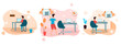 © Яe Life Яe World - Concept set Lifestyle COVID-19.  Character Man sitting at home working in front of computer due to Covid-19 epidemic situation. Vector flat style, illustration for Work from home, quarantine.