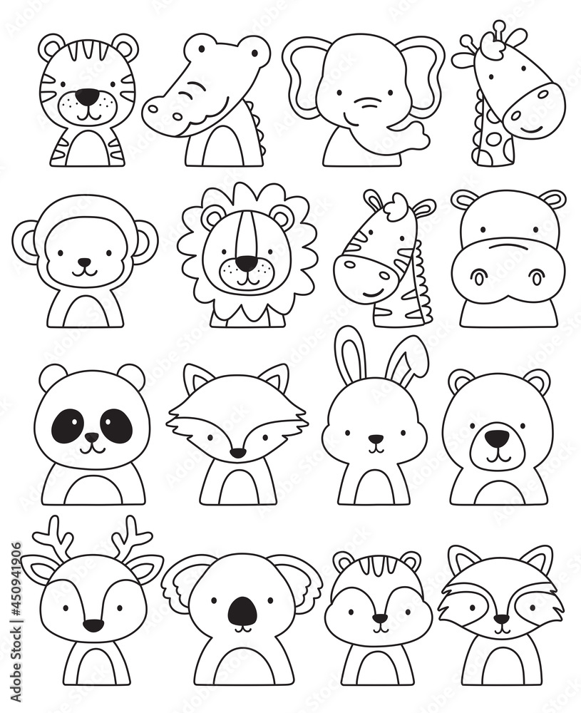 Cute outlined jungle and woodland animal faces coloring vector ...
