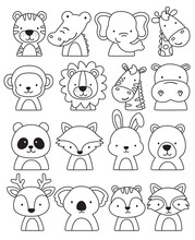 Cute Outlined Jungle And Woodland Animal Faces Coloring Vector Illustration.