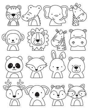 Fototapete - Cute outlined jungle and woodland animal faces coloring vector illustration.