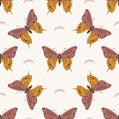 Wall Mural - Seamless pattern with boho butterfly. Insect with celestial elements. Witch and magic symbol for textile, fabric, prints. Abstract hand drawn vector illustration in bohemian style.