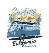 California Typography For T-shirt Print With Surf,beach And Retro Bus.Vintage Poster.