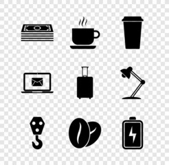 Sticker - Set Stacks paper money cash, Coffee cup, , Industrial hook, beans and Battery icon. Vector