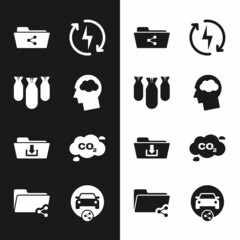 Sticker - Set Head silhouette with cloud, Aviation bombs, Share folder, Recharging, Folder download and CO2 emissions icon. Vector