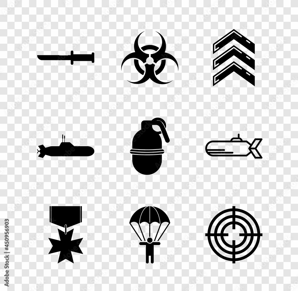 Military Biohazard Icon Set Military knife, Biohazard symbol, rank, reward medal, Parachute ...