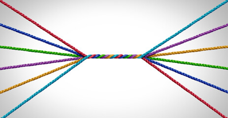 Leinwandbilder - Connecting together and unity teamwork concept as a business metaphor for joining a partnership of diversity as diverse ropes connected together for a corporate symbol for cooperation