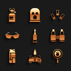 Poster - Set Bullet, Camping gas stove, Paw search, Binoculars, Lighter, Glasses, Cartridges and icon. Vector