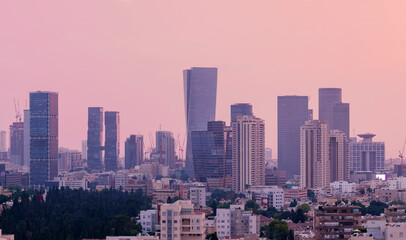 Wall Mural - Tel Aviv Skyline At Sunset,  Tel Aviv Cityscape Large Panorama At Sunset Time, Israel