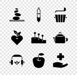 Wall Mural - Set Stack hot stones, Pipette, Sauna bucket and ladle, Headphones for meditation, Apple, Cross hospital medical, Heart and Acupuncture therapy icon. Vector