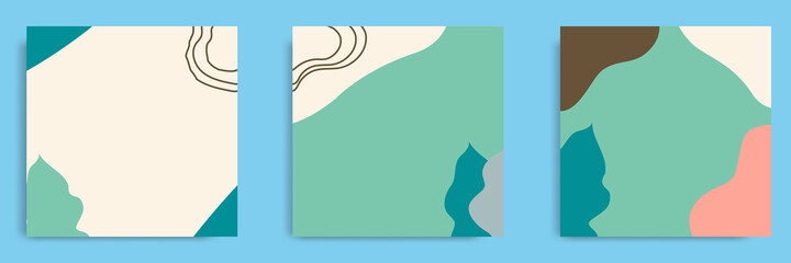 Wall Mural - Set of abstract organic fluid line background template and layout in square shape for multipurpose usage web and print, banner, cover in white green peach color.