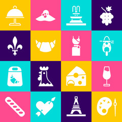 Wall Mural - Set Paint brush with palette, Wine glass, Scooter, Fountain, Croissant, Fleur De Lys, Covered tray and Woman dress icon. Vector