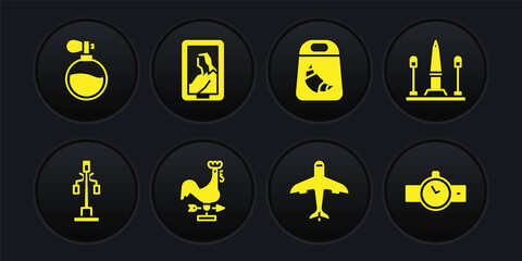 Sticker - Set Street light, Place De La Concorde, Rooster weather vane, Plane, Croissant package, Portrait in museum, Wrist watch and Perfume icon. Vector