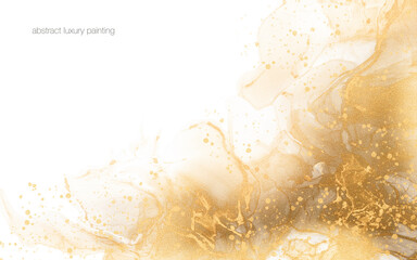 Poster - Abstract art paint gold fluid texture and gold brush flicks on white for background in concept luxury.