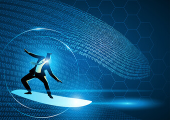 Businessman surfing on binary numbers