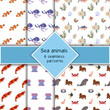 Set with six sea animal seamless pattern with shrimp, octopus, sunfish and tuna. Undersea world habitants print. Hand drawn underwater life collection. Funny cartoon marine animals character for kid