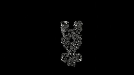 3d rendering mechanical parts in shape of symbol of mercury isolated on black background