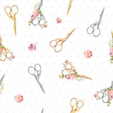 Watercolor Sewing Seamless Pattern With Scissors Decorated With Flowers.