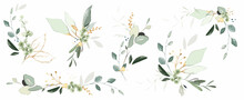 Set Of Herbal Branch. Green And Gold Leaves. Wedding Concept.  Arrangements For Greeting Card Or Invitation Design
